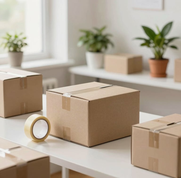 A bright, clean boutique workspace with cardboard packaging boxes, a roll of paper tape, and green potted plants, soft natural morning light.