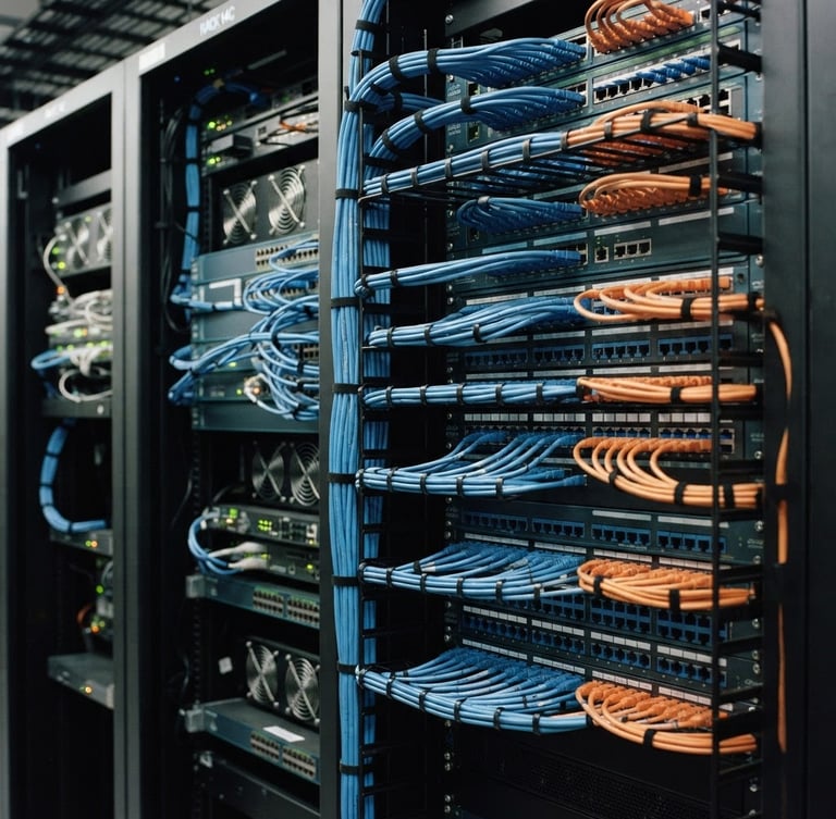 Sharp technical close-up of neatly organized server racks with blue and orange ethernet cables, clean comb alignment, cool industrial lighting, 35mm