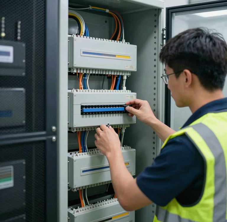 Close-up of a professional technician in a high-visibility vest working on a highly organized industrial electrical panel, bright clean lighting, 35mm