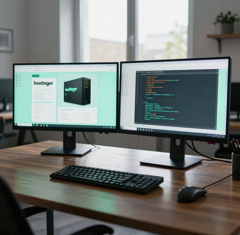 Wide-angle cool daylight shot of a modern workspace in Weimar, dual monitors displaying Hostinger server dashboards and clean code, soft mint-green screen glow reflecting on a dark wood desk surface.