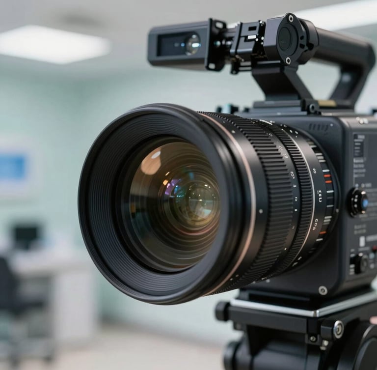A close-up of a professional cinema camera lens reflecting clean, cool clinic lighting, with a blurred modern medical office background.
