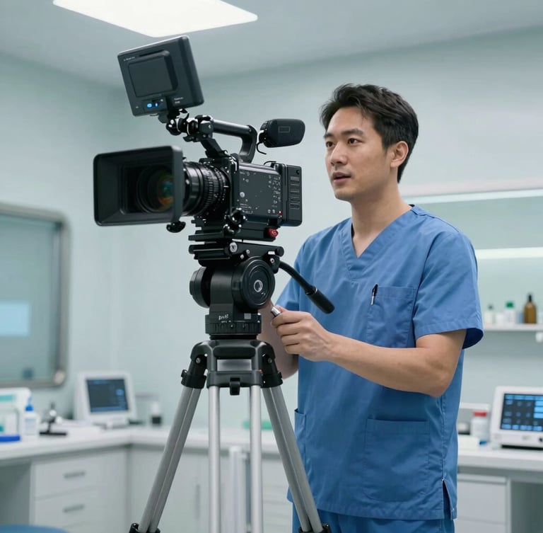 A professional video production set inside a modern medical clinic. A high-end cinema camera on a heavy tripod is focused on a doctor in clean blue scrubs speaking confidently. Sterile, bright lighting with cool tones.