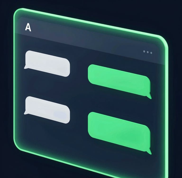 Sleek close-up of a glassmorphic chat interface on a dark screen, neon green glowing borders, showing a simulated AI conversation with a customer booking a service