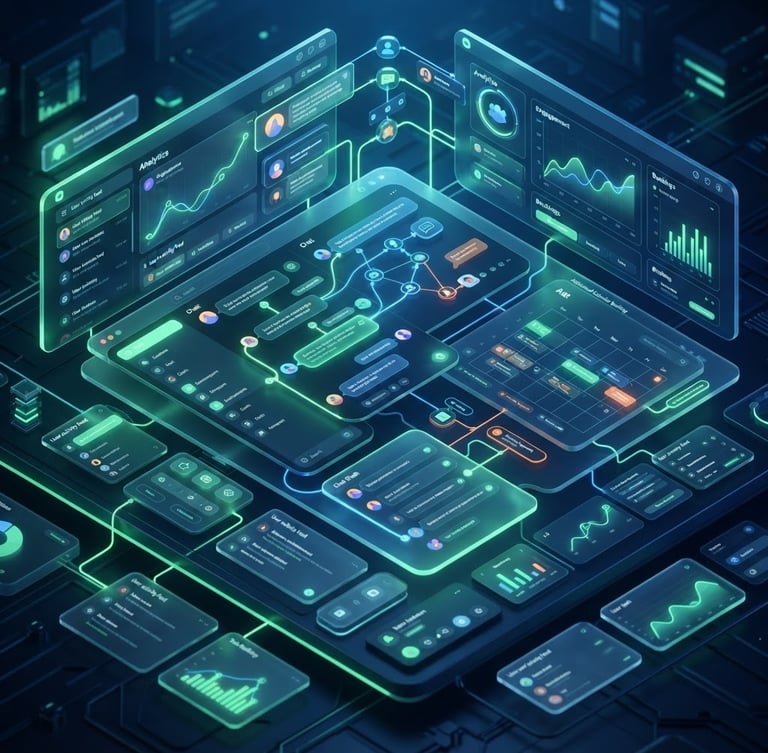Sleek dark-mode 3D render of a software dashboard showing active chat flows and automated calendar bookings, deep blue and neon green ambient lighting, glowing glassmorphism UI elements, isometric perspective