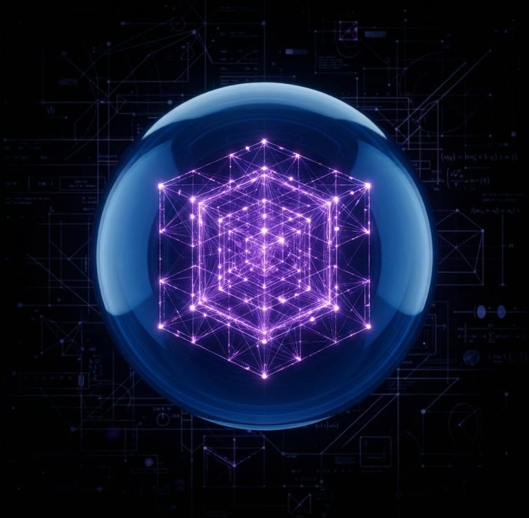 Sleek 3D digital render of a glowing purple nested cube structure inside a transparent blue glass sphere, high-contrast dark background, technical schematic lines, macro