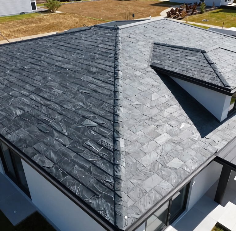 Wide-angle drone shot of a flawless newly installed dark slate roof on a modern home, bright post-storm daylight, high-contrast, clean architectural lines.