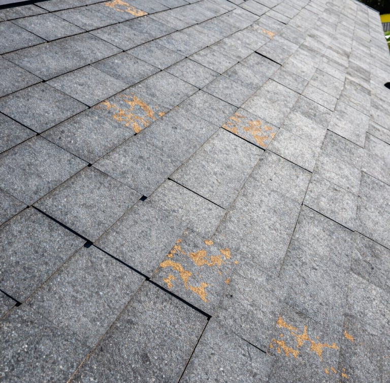 Close-up macro photography of flawless shingle alignment on a newly installed slate-gray roof, bright midday sun highlighting the clean architectural lines