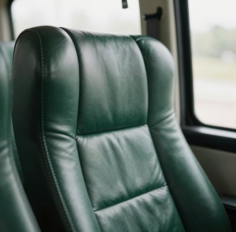 Close-up detail of a premium hand-stitched dark leather bus seat, soft natural window light, deep green tones, sharp focus, 35mm