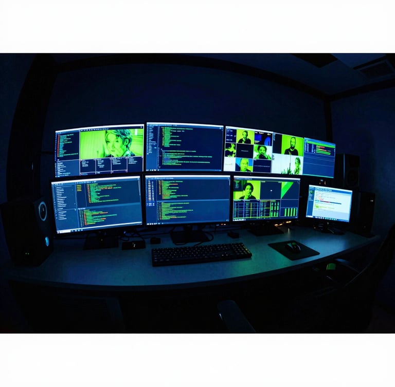 Moody late-night studio setup with multiple glowing monitors displaying code and video feeds, high-contrast neon electric blue and lime green under-glow, harsh shadows, wide-angle lens.