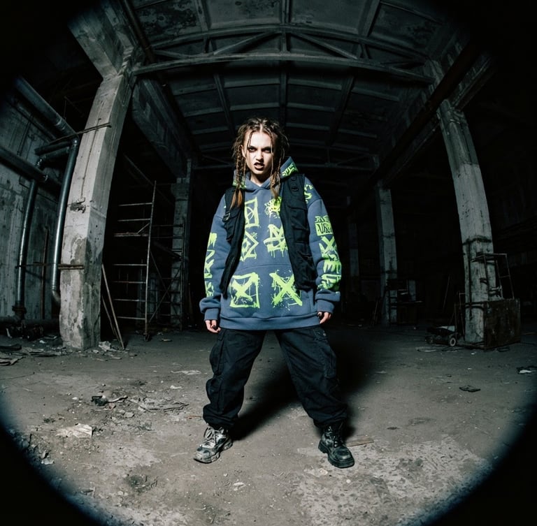 Gritty flash photography of a model in a dark concrete warehouse wearing an oversized slate blue hoodie with electric lime green graphic prints, harsh direct lighting, wide-angle fish-eye lens.