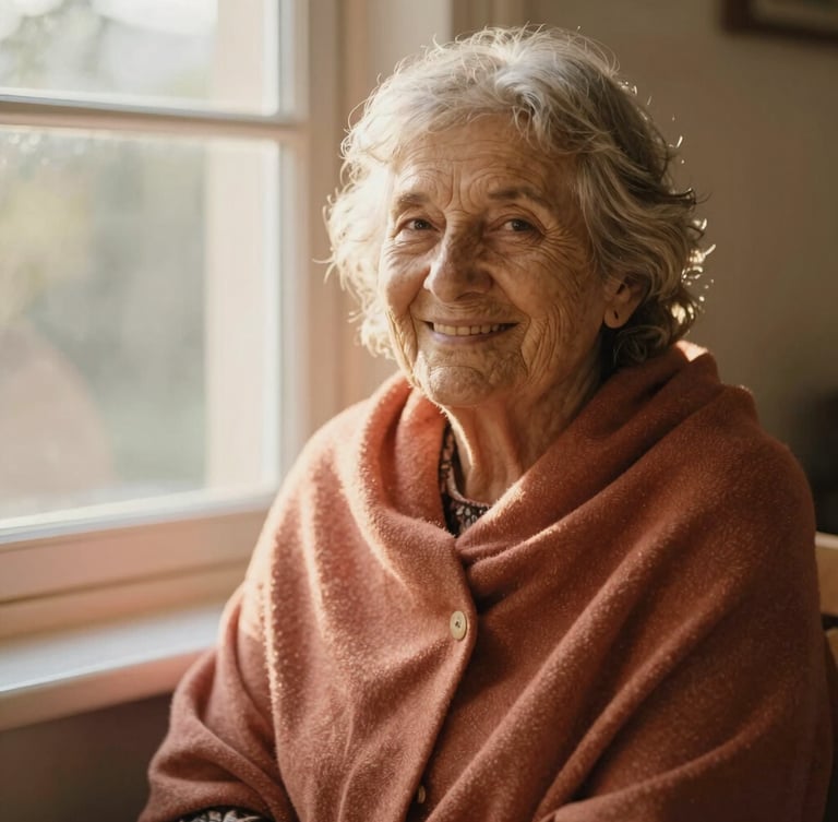 An elderly woman smiling warmly, sitting by a sunlit window with a soft terracotta-colored shawl, natural golden light, warm editorial photography style.