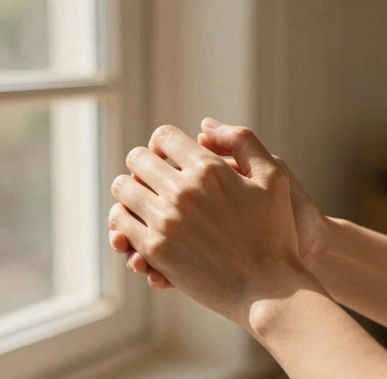 Close-up of two hands gently holding each other, warm natural window light, soft golden tones, shallow depth of field, authentic emotional connection