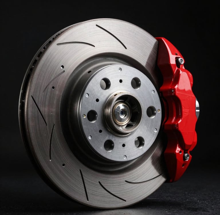 Dramatic low-key studio shot of a mechanical brake caliper and ventilated disc rotor, metallic reflections, high-contrast red brake caliper glowing against deep black background.