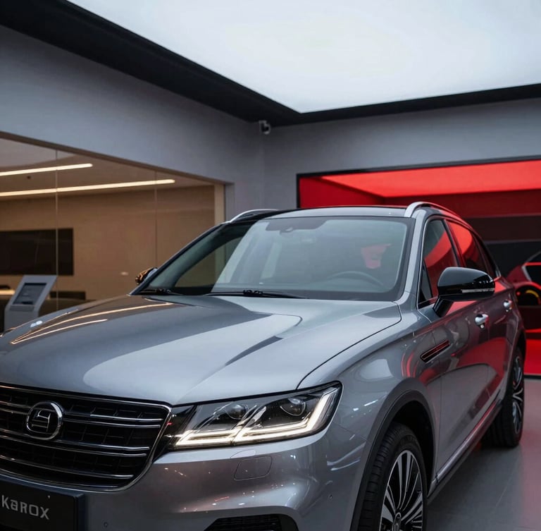 Wide cinematic shot of a brand new luxury SUV parked inside a high-tech showroom at twilight, sharp metallic reflections on the hood, deep red accent lighting in the background, clean architectural lines.