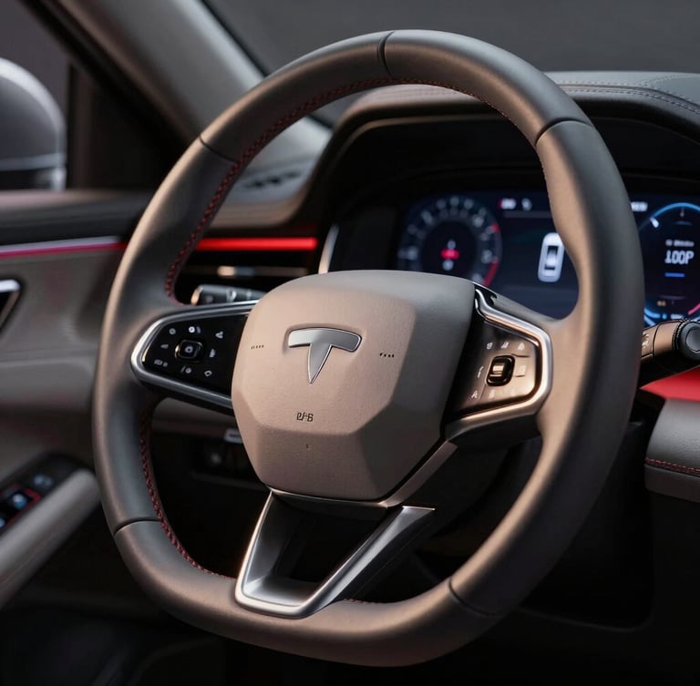 Extreme close-up of a modern luxury electric vehicle dashboard and steering wheel, sharp metallic reflections, low-key dramatic studio lighting, digital cockpit glowing in red and silver.