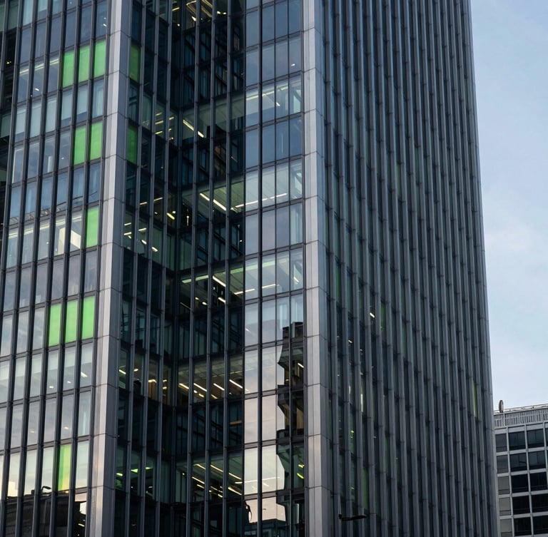 Sharp architectural crop of London financial district skyscraper reflecting cool morning light, deep slate shadows, 35mm lens