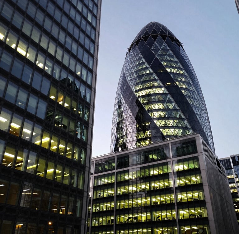 Wide-angle architectural shot of London financial district buildings with sharp office lighting and deep slate shadows