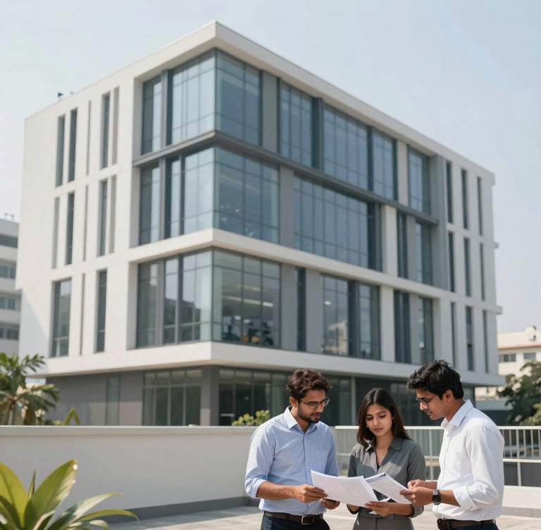 Wide environmental shot of a modern, clean architectural office in Bengaluru, natural daylight, cool professional tones, with a small team in the foreground discussing documents.