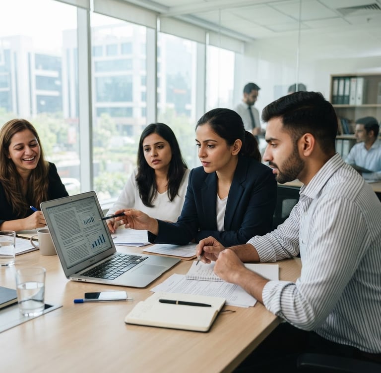 Collaborative team session in a modern, bright office in Gurugram, professionals reviewing legal documents on a laptop, natural daylight, cool professional tones, shallow depth of field.