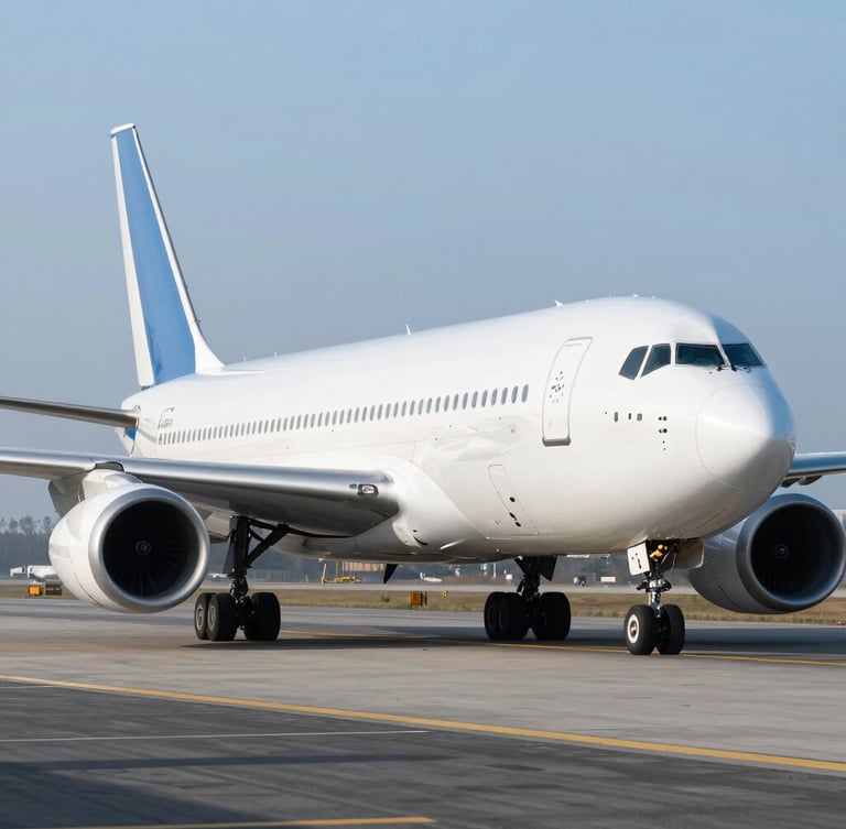 A high-tech environmental shot of a modern cargo aircraft on a bright runway, cool blue tones, crisp morning daylight, sharp focus.