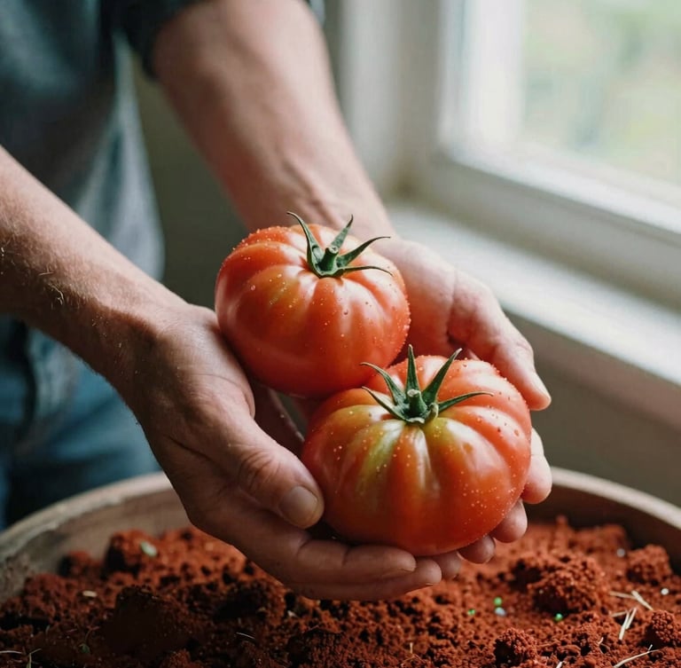 Hands of a local farmer holding freshly harvested organic heirloom tomatoes, rich red soil, soft afternoon window light, 35mm film look, warm editorial photography.