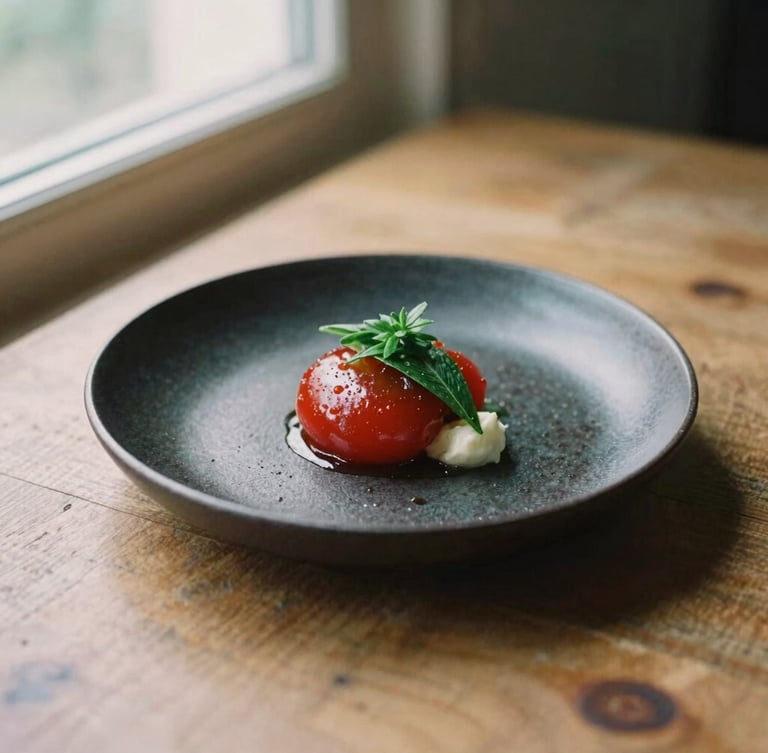 A minimal beautifully plated dish on a dark ceramic plate, warm afternoon window light casting soft shadows on a rustic wooden table, editorial food photography, 35mm film look.