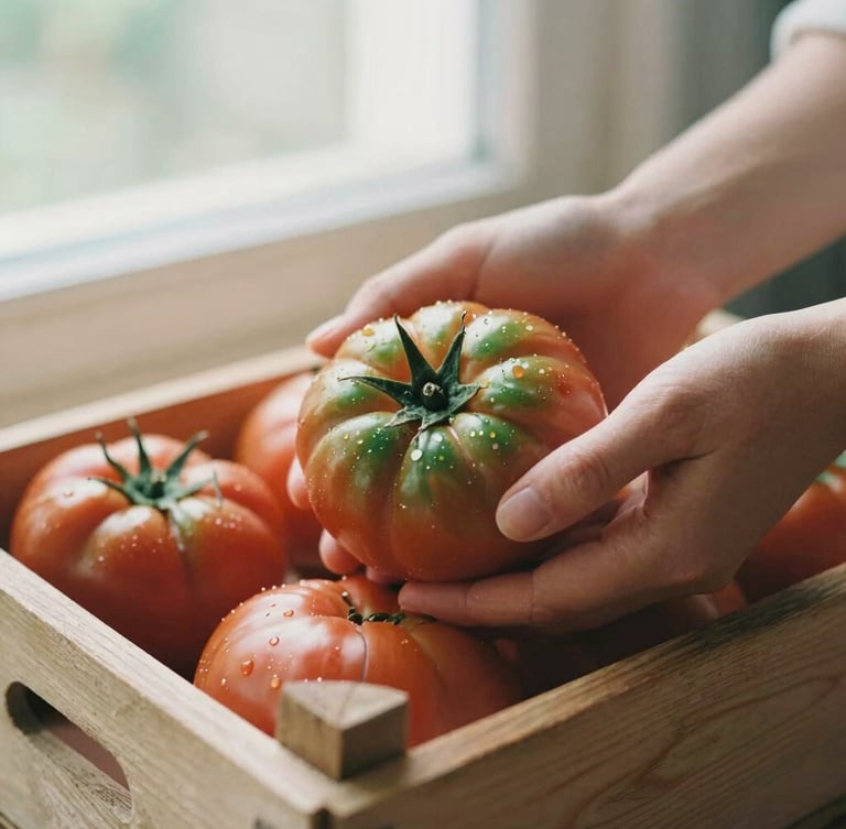 Close-up of hands gently holding fresh heirloom tomatoes in a rustic wooden crate, soft natural field light, warm editorial style, 35mm film look