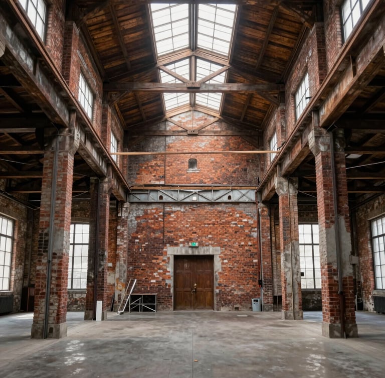 Straight-on architectural elevation of a renovated industrial warehouse interior, sandblasted brick walls, raw timber trusses, natural light streaming from high clerestory windows.