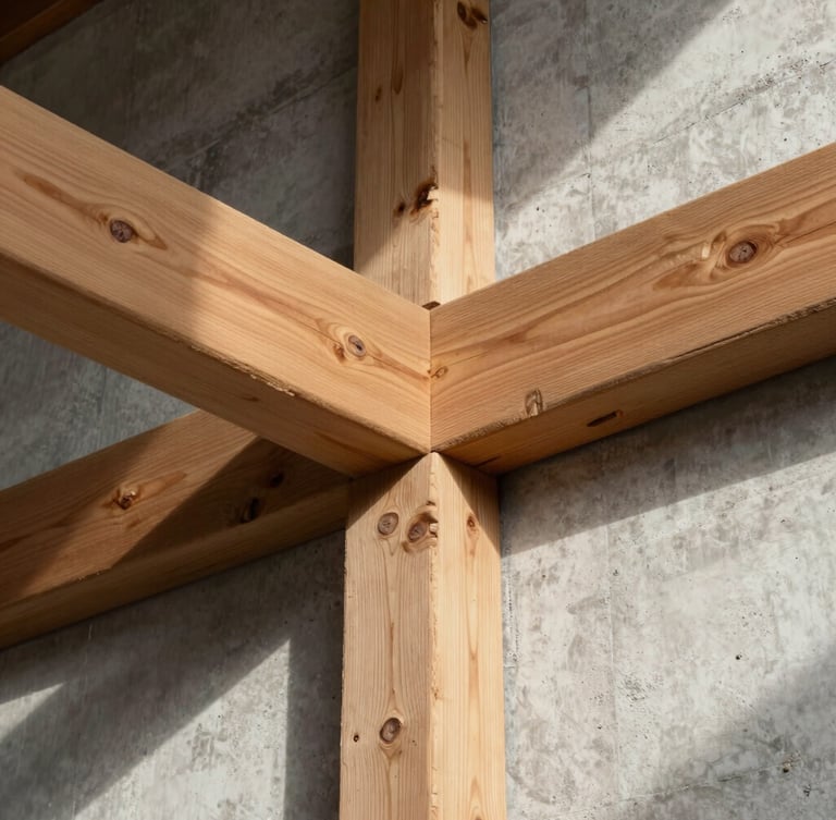 Tactile close-up of original timber beams intersecting with raw concrete walls, natural daylight casting high-contrast shadows