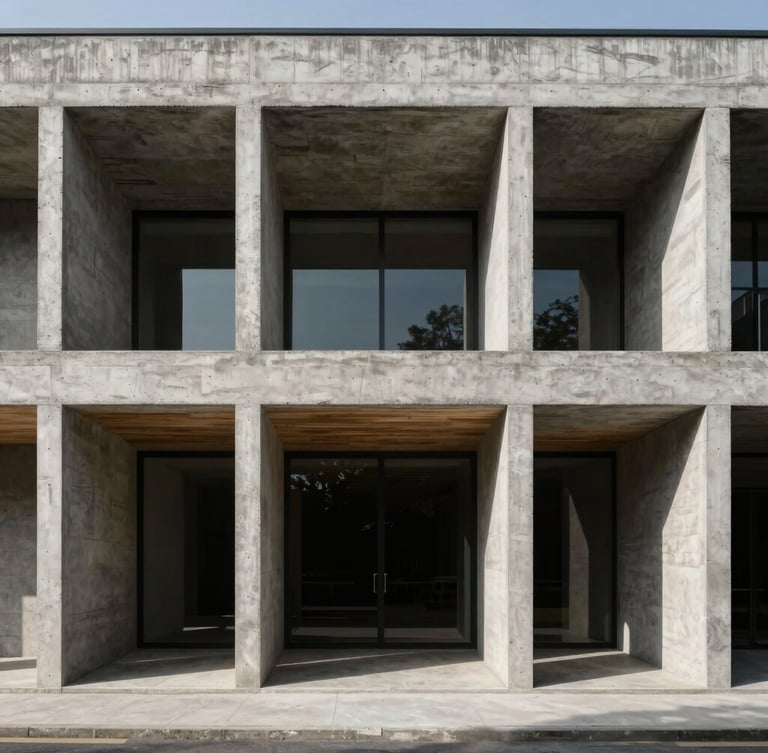 Straight-on architectural elevation of a raw concrete and timber building, natural high-contrast daylight with sharp shadows, un-staged and structurally honest framing.