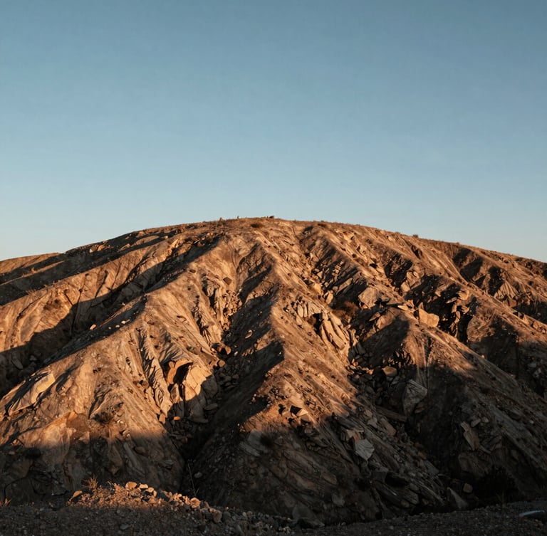 Straight-on architectural elevation of a rugged, rocky hillside lot at golden hour, sharp shadows, raw earth, clear sky, negative space on the left.