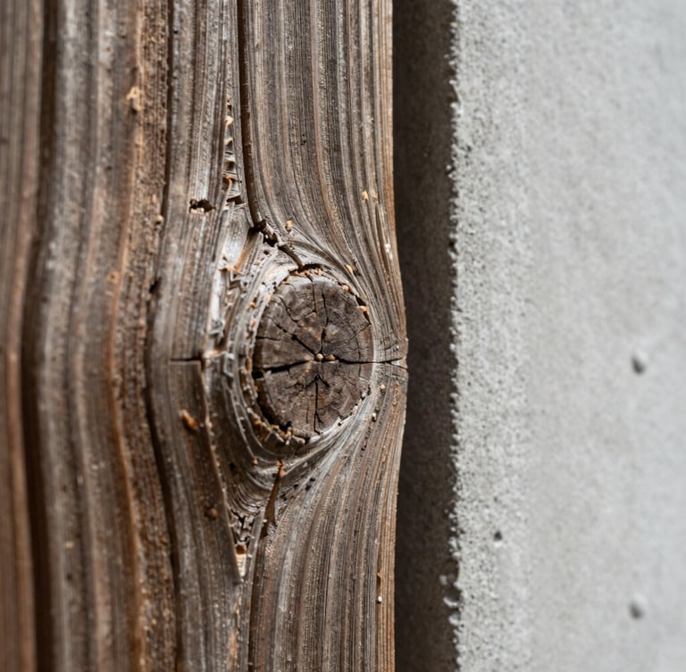 A tight, tactile macro crop of weathered raw timber meeting a smooth concrete wall, natural high-contrast side lighting