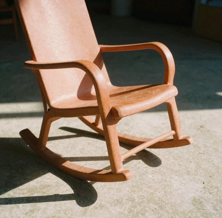 Low-angle sculptural shot of a terracotta rocking chair casting a sharp midday shadow on concrete, warm golden hour light, 35mm film