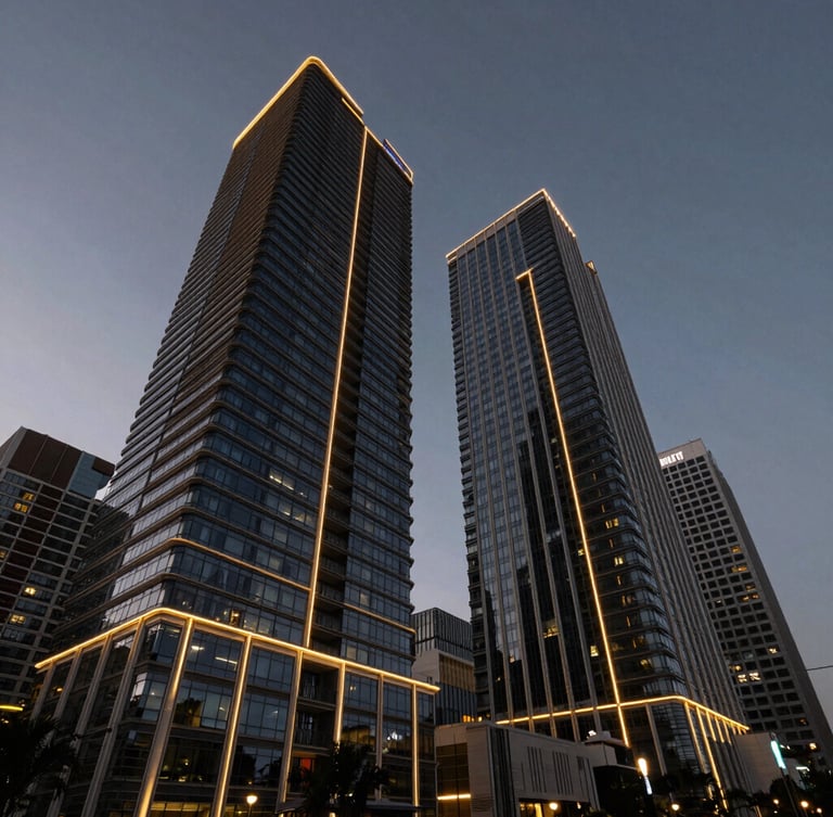 Wide-angle architectural view of modern Sandton high-rise buildings at dusk, sharp geometric lines, dramatic low-key lighting with gold rim-lights, dark sky.