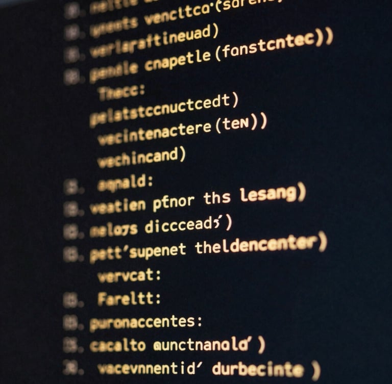 Macro close-up of a dark terminal screen showing glowing gold lines of code, sharp focus, low-key dramatic lighting.