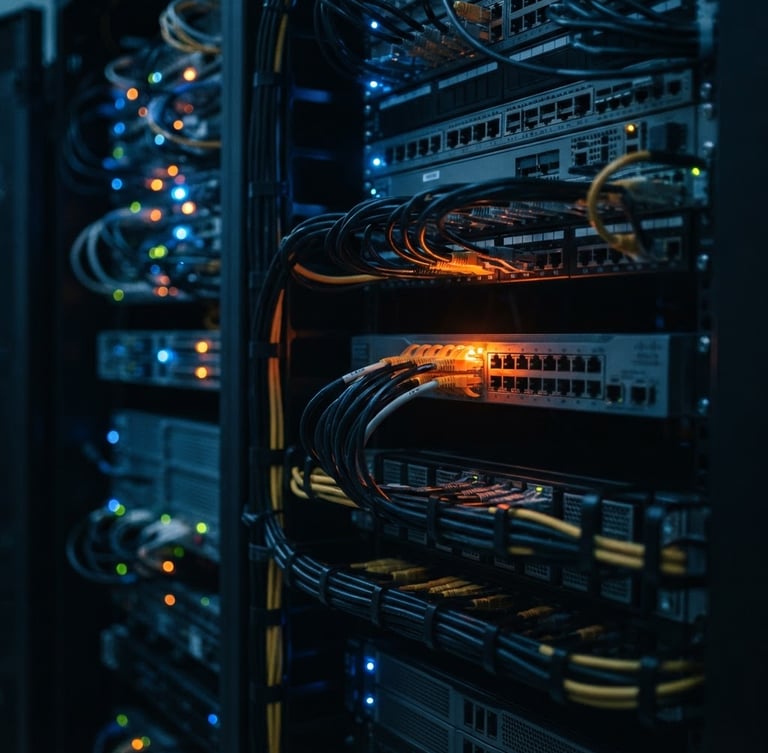 Neat server rack with glowing blue status lights, clean ethernet cabling, professional setup, low-key dark lighting with sharp orange highlights, macro lens, shallow depth of field, 35mm