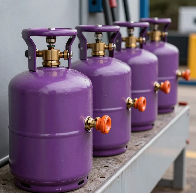 Vista de perfil de cilindros de gas propano de color morado brillante alineados en una plataforma de carga industrial, primer plano de la válvula de bronce con sello de seguridad naranja, iluminación diurna de alto contraste.