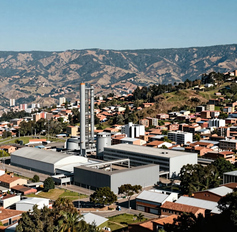 Wide panoramic shot of the Medellín Valle de Aburrá from a high vantage point, clear daylight, clean industrial focus, crisp shadows.