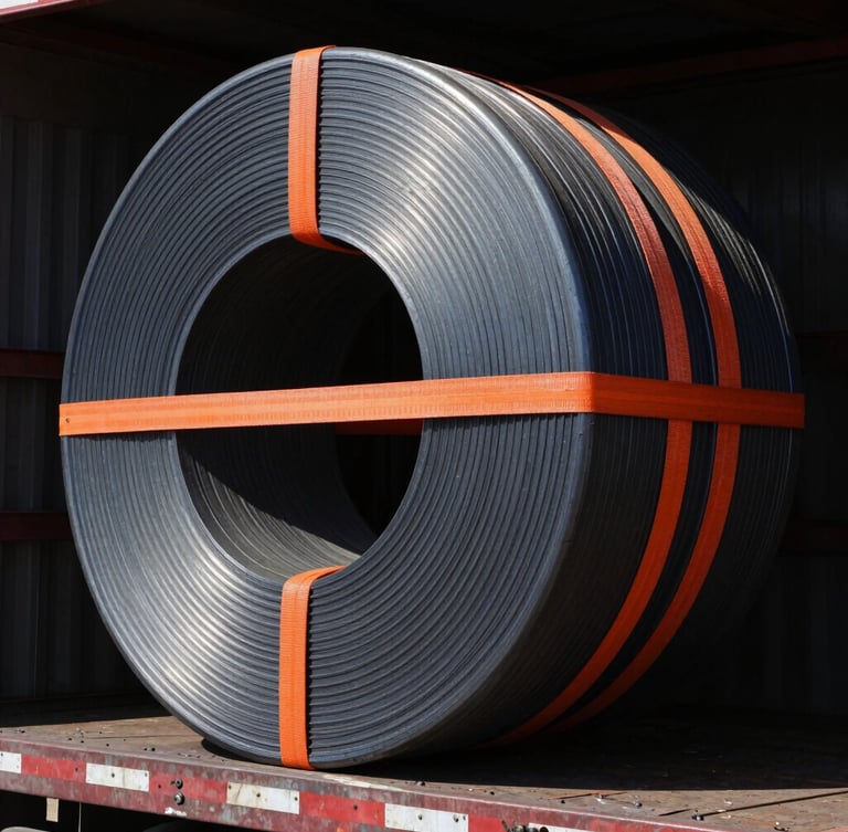Close-up shot of heavy-duty cargo straps securing a massive steel coil on a flatbed truck, industrial background, high-contrast daylight, navy and orange color palette.