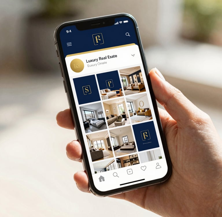 Elegant smartphone mockup showing a curated luxury real estate Instagram feed with deep navy and gold accents, held by a hand, bright natural daylight, 35mm