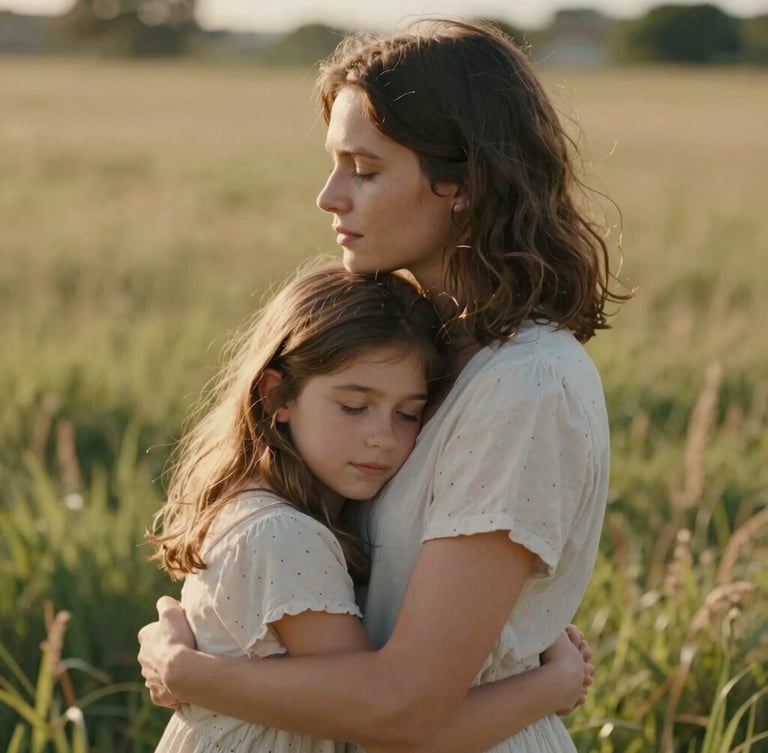 Cinematic vertical portrait of a mother and daughter sharing a quiet, unposed embrace in a sun-drenched meadow, warm low-angle light, shallow depth of field, 35mm film aesthetic.