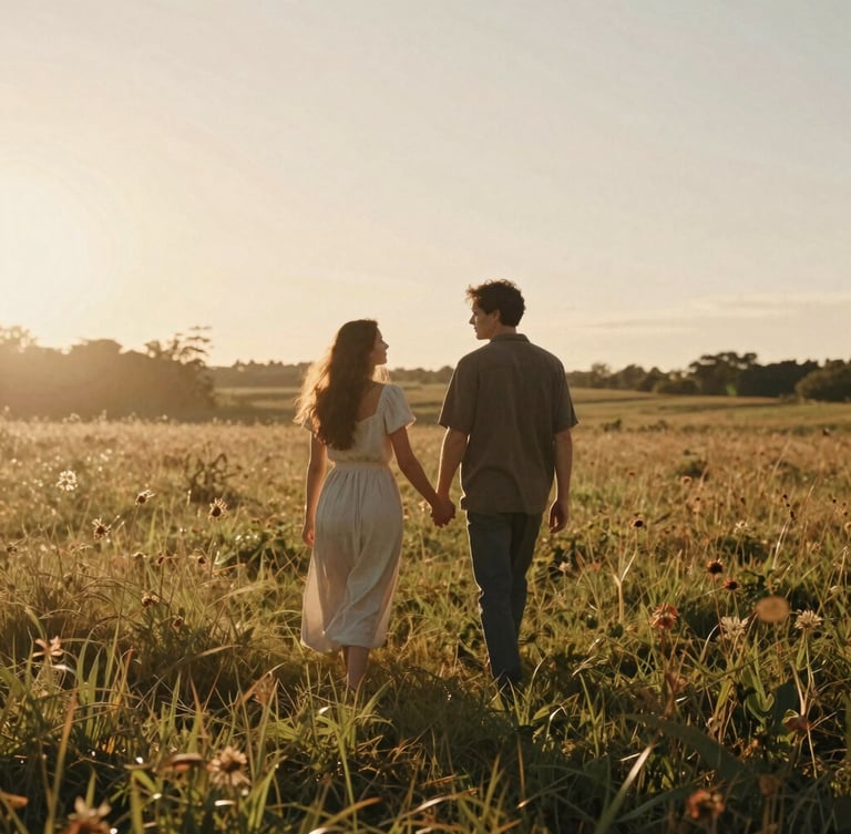 Cinematic wide-angle shot of a couple walking hand-in-hand through a sun-drenched meadow, warm golden flare, shallow depth of field, 35mm film grain.