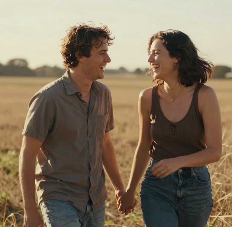 Cinematic portrait of a couple laughing mid-motion in a warm sun-drenched field, shallow depth of field, 35mm film aesthetic