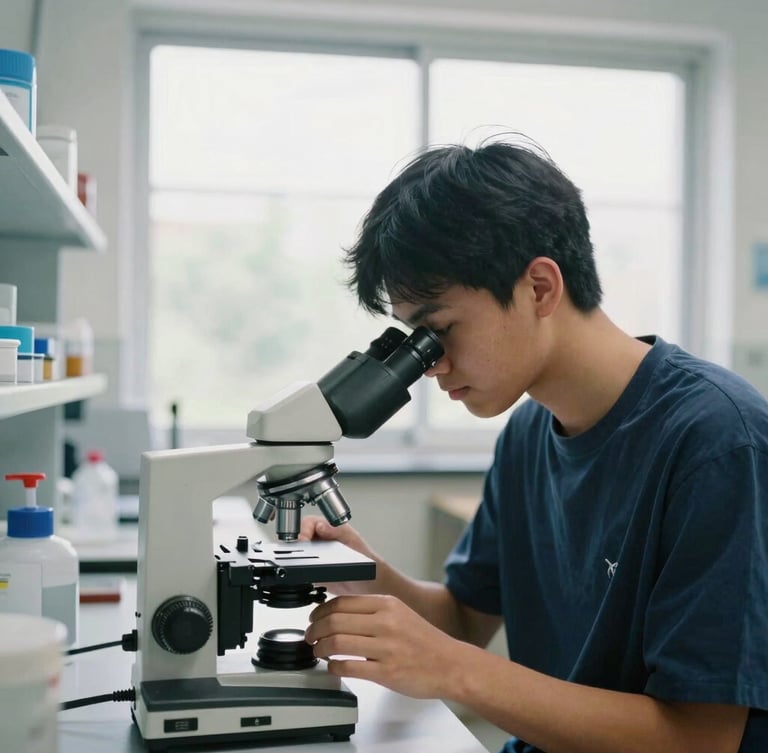 Medium-close documentary portrait of a student focused on a microscope in a bright modern biology lab, natural window light, 35mm lens