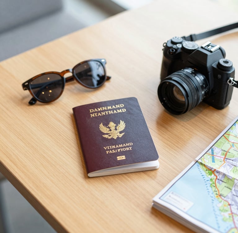An uncluttered flat-lay of travel essentials on a light wooden table: a passport with Vietnamese visa stamp, sunglasses, a camera, and a map of Nha Trang, warm golden light