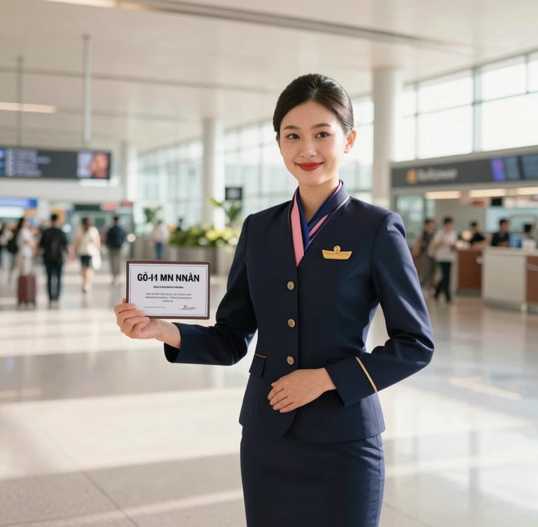 A professional airport concierge greeter in a sharp navy uniform holding a personalized name board, standing inside a bright, clean, sun-drenched Vietnamese airport terminal, 35mm photography.