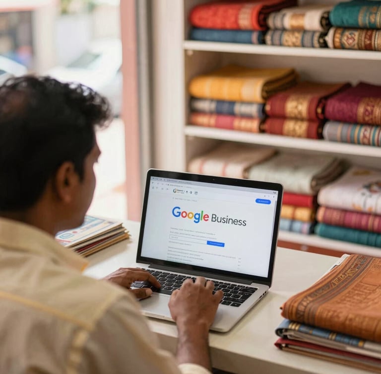 Over-the-shoulder view of a Tamil business owner optimizing their Google Business Profile on a laptop inside a bright textile shop, warm South Indian morning light.