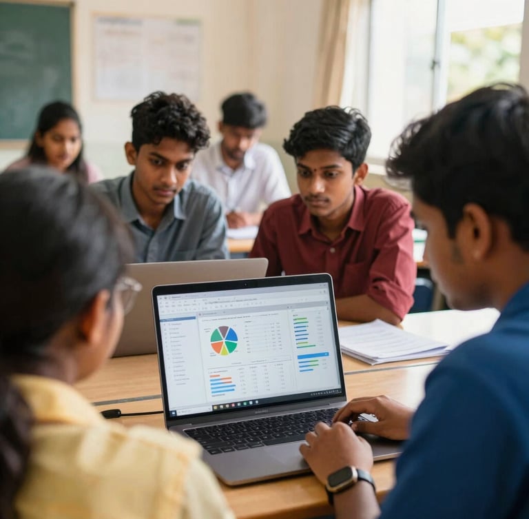Over-the-shoulder view of South Indian students collaborating over a laptop in a bright, sunlit classroom in Chennai, displaying clear campaign analytics.