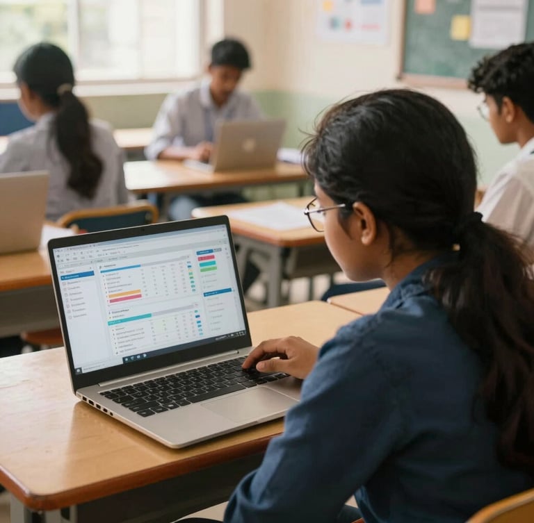 Over-the-shoulder view of a student analyzing a live marketing dashboard on a laptop in a bright Coimbatore classroom, warm natural daylight