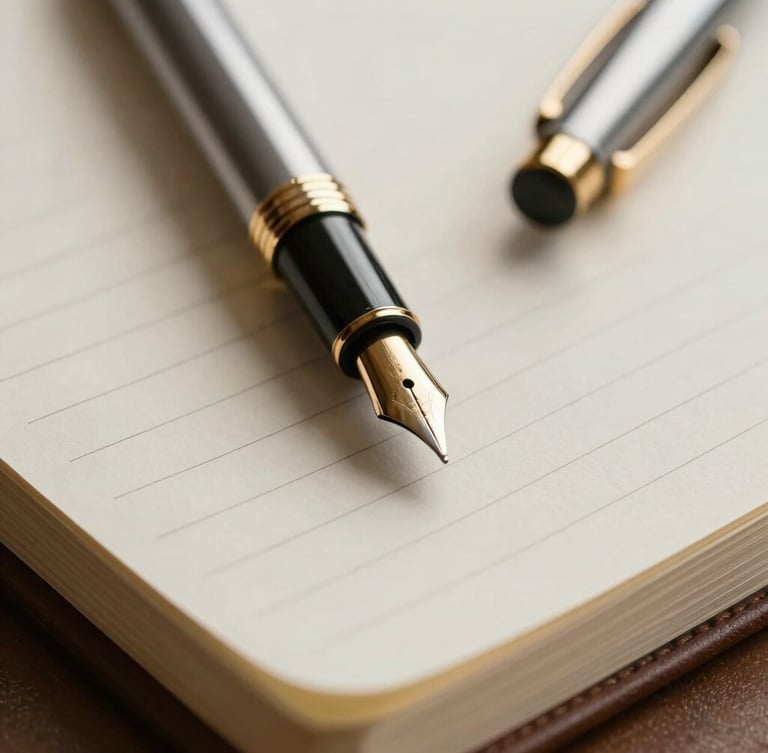 Close-up shot of a fountain pen resting on a clean physical ledger, warm side-lighting, elegant and professional atmosphere.